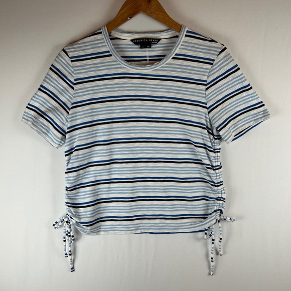 VERONICA BEARD JEANS‎ Blue White Striped Tie Side Crew Neck T Shirt Top Womens M - Picture 3 of 11
